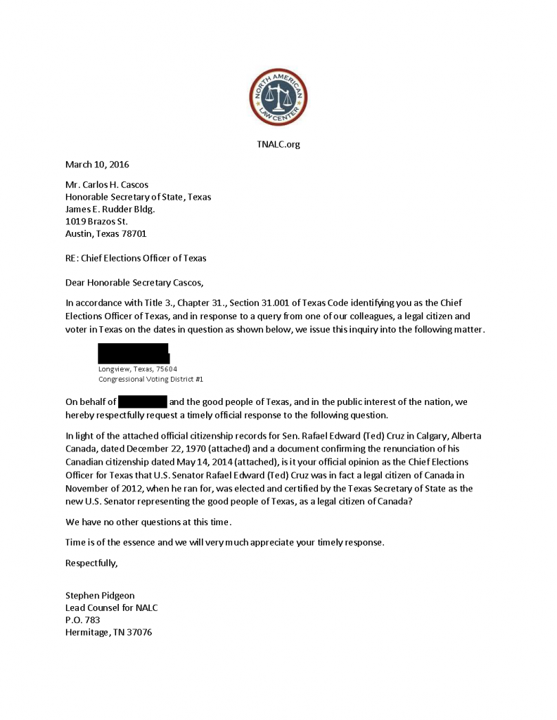 March 10 Letter to Texas SOS (redacted). TNALC ACTION For Eligibility of Ted Cruz